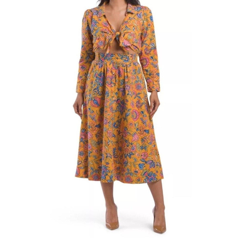 House of Harlow 1960 Womens M Orange Floral Cutout Midi Shirt Dress Cotton